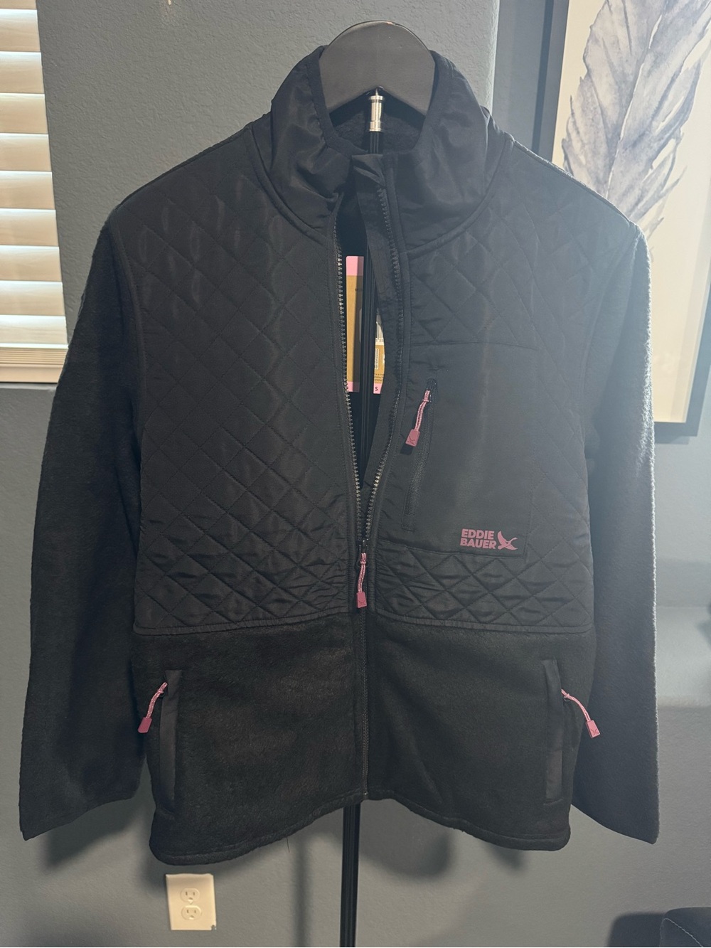 Eddie Bauer Black Quilted & Fleece Jacket with Pink Accents